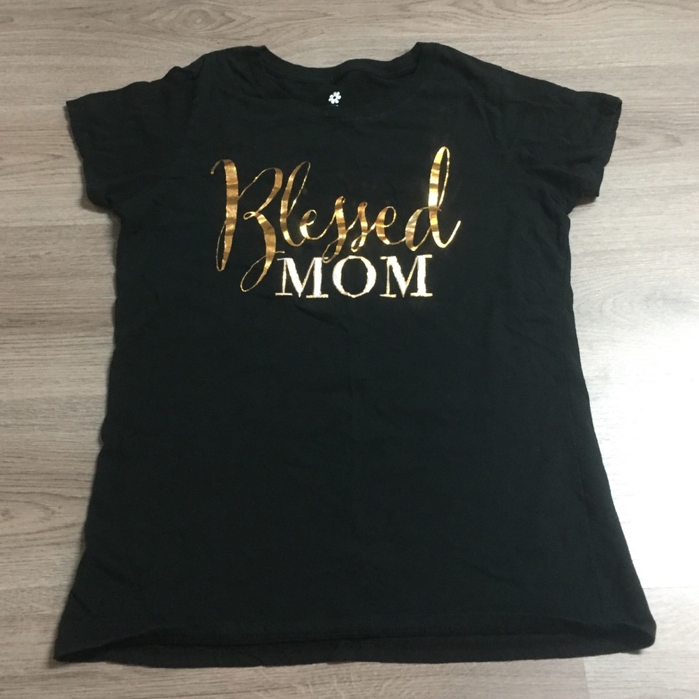 Blessed Mom Gold Metallic Short Sleeve Top Large 12-14 100% Cotton